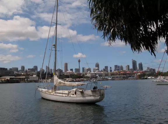 Gorgeous views of the city skyline and Anzac Bridge from a cement walking path alongside the water.