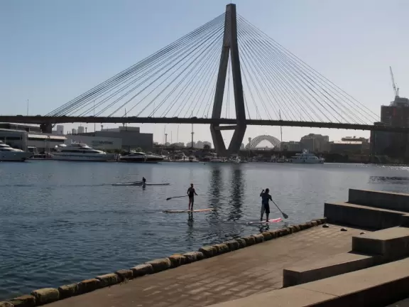 Gorgeous views of the city skyline and Anzac Bridge from a cement walking path alongside the water.