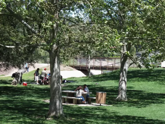 A large park with beautiful tall trees, playground with huge slides, gazebo, and a pleasant lake where you can rent paddle boats in summer.