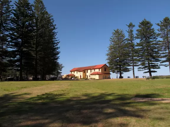 A strip of shops along the main road leading to a lovely wide beach with a playground under a forest of Norfolk pines.