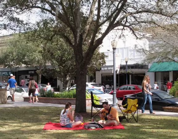 Gorgeous main street with large, European-style park where people sit on the grass by the fountain.