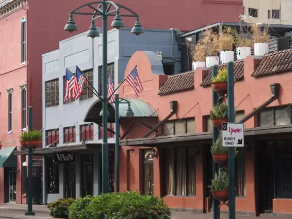A square with fountain, grove of cypress trees, and alligator sculptures, by the main library, history center, Wall Street cafes, and Lake Eola Park.