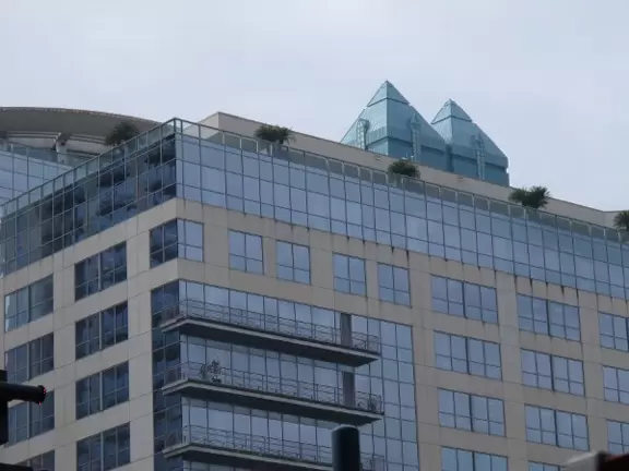 A square with fountain, grove of cypress trees, and alligator sculptures, by the main library, history center, Wall Street cafes, and Lake Eola Park.