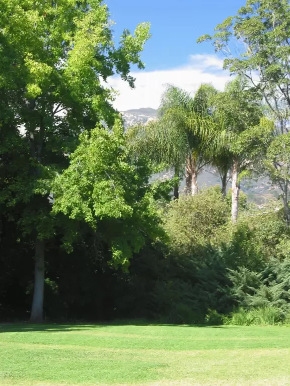 A neighborhood park with close-up views of the mountains. large lawn, playground, autumn trees, and bridge over creek to school.
