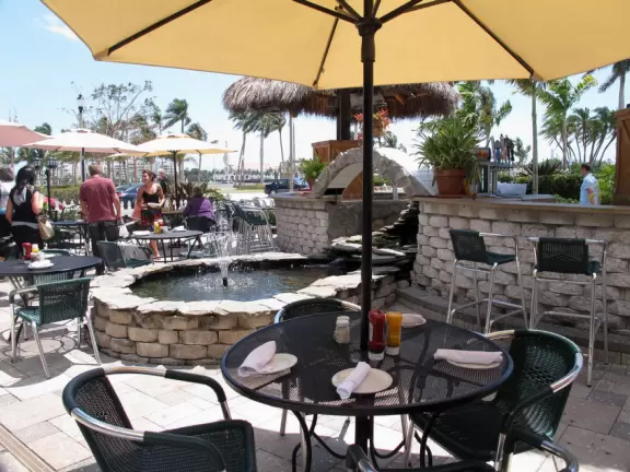 Main strip of West Palm Beach, with colorful and inviting architecture and decorations.