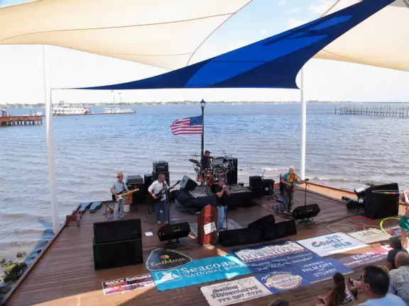 Historic main strip that looks dowdy from a distance but is actually very nice up close! Incredible waterfront stage and boardwalk!