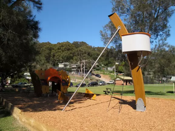 Space-age playground and tennis courts across the street from the Pretty Beach bay.