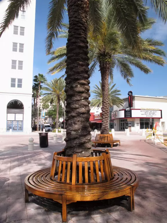 Main strip of West Palm Beach, with colorful and inviting architecture and decorations.