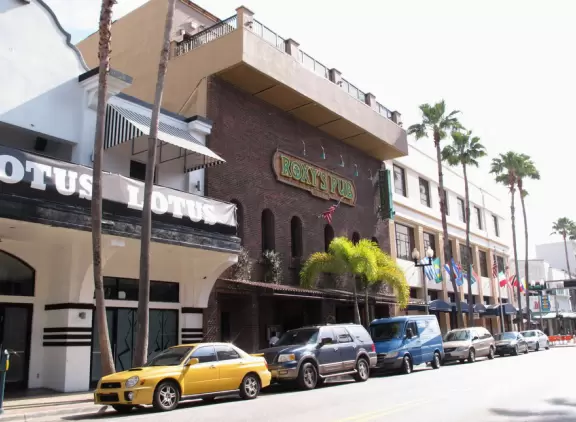 Main strip of West Palm Beach, with colorful and inviting architecture and decorations.