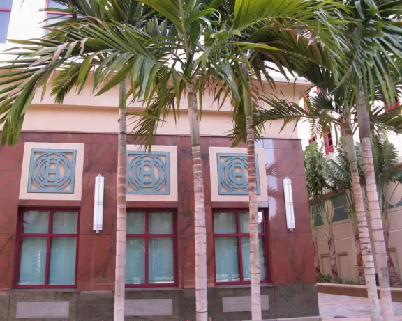 Main strip of West Palm Beach, with colorful and inviting architecture and decorations.