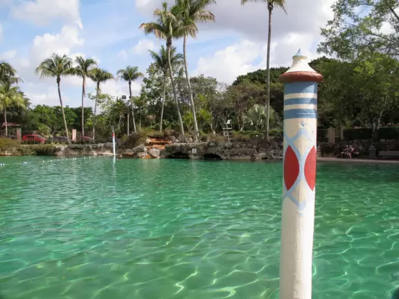 Unique spring-fed historical pool with Venetian-style buildings, bridge, striped posts, waterfall, caves, palms, and banyan tree. Glorious!