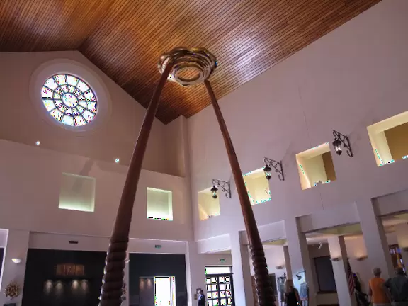 Beautiful modern basilica with gift shop, water lilies, stained glass, rose window, organ and exceptional choir.