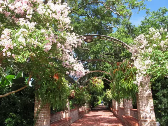 Formal series of themed gardens overflowing with flowers, sculptures, and fountains. On weekends, a model train garden that kids adore!